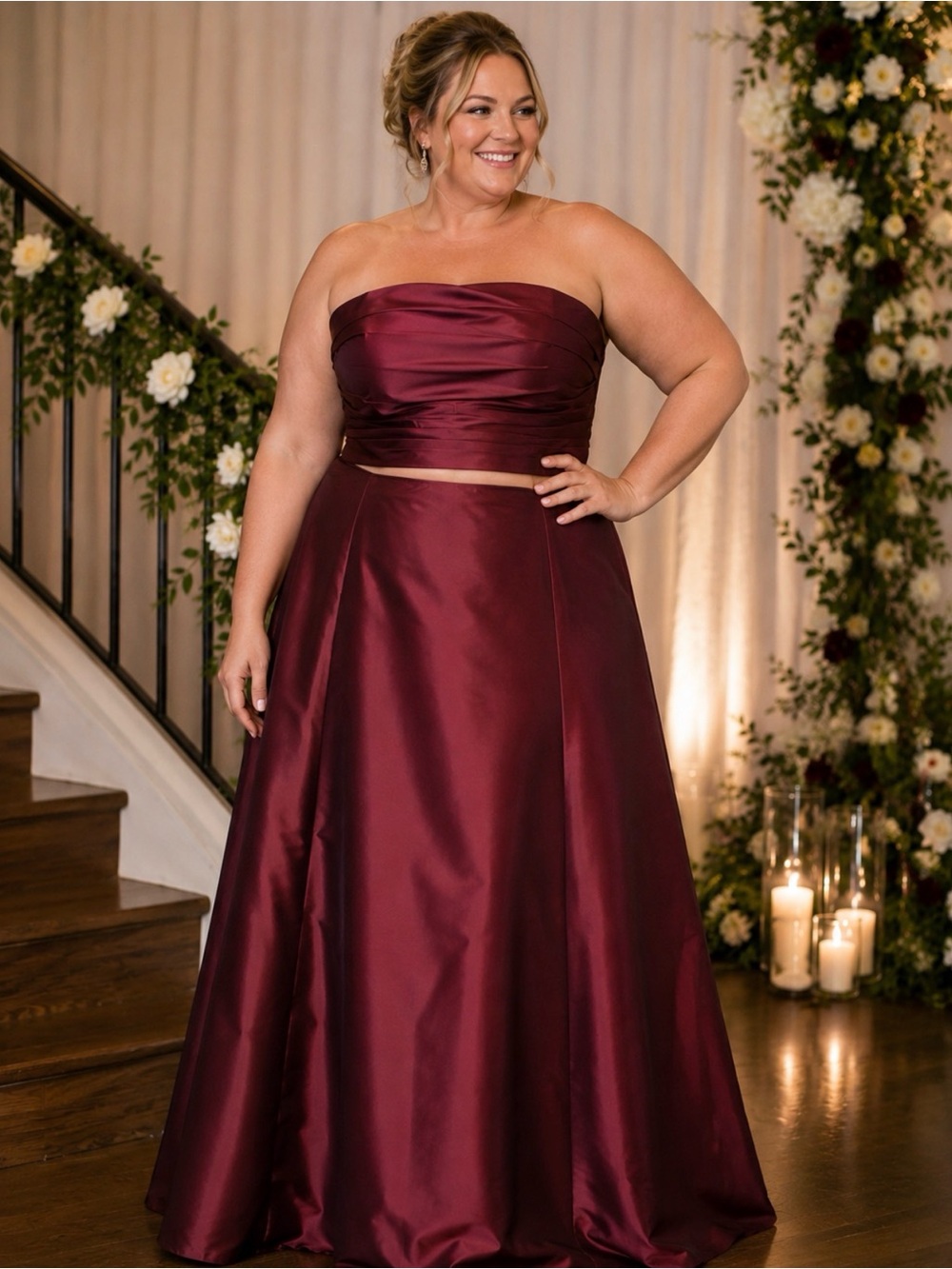 Mori Lee Madeline Garner 2pc Strapless Skirt Set Wine Burgundy Garnet Size 28/46